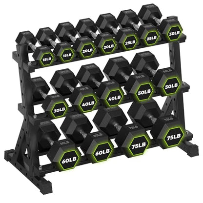 HANDBODE 3-Tier Dumbbell Rack Stand, 1000LB Capacity Storage Rack, Weight Rack for Dumbbells, Kettlebell, 390–700 lb Rubber Coated Fixed Weight Sets, Home Gym Strength Training Equipment - color: 630 lb Set (15-75 lb) *2 & Rack