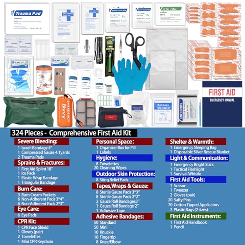 Comprehensive First Aid Kit for Home, Premium Emergency Trauma Kits with Shoulder Strap for Car Camping Gear, Waterproof Survival Kit, Home Essentials, Outdoor Emergency Medical Supplies -324 Piece - size: Max