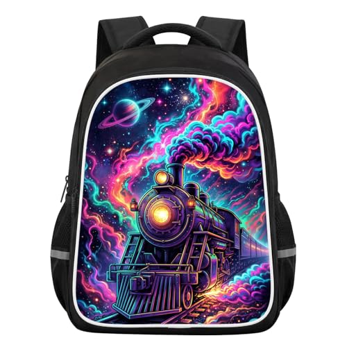 Train Backpack for Kids Boys, Colorful Rainbow Galaxy Starry Sars School Bag with Reflective Strip, Large Capacity Travel Bookbag for School Outdoor Trips, 17 Inch - color: Train