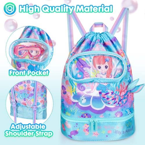 Drawstring Backpack for Kids Girls, Cute Cartoon Mermaid Waterproof Drawstring Bag String Swim Gym Sports Beach Bag with Shoes & Sunglasses Compartment and Wet Proof Pocket - color: J14. Mermaid