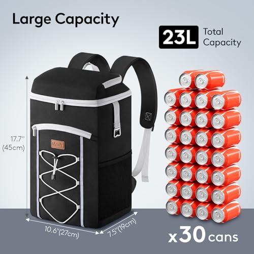 Lifewit Cooler Backpack, 30 Cans Insulated Picnic Backpack with 2 Leak Proof Compartments for Men Women, Cooler Bag for Beach, Travel, Camping, Lunch, Hiking, BBQ, Black - size: 30 Can(23L)