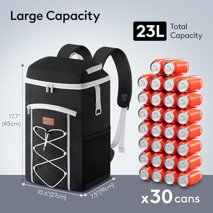 Lifewit Cooler Backpack, 30 Cans Insulated Picnic Backpack with 2 Leak Proof Compartments for Men Women, Cooler Bag for Beach, Travel, Camping, Lunch, Hiking, BBQ, Black - size: 30 Can(23L)