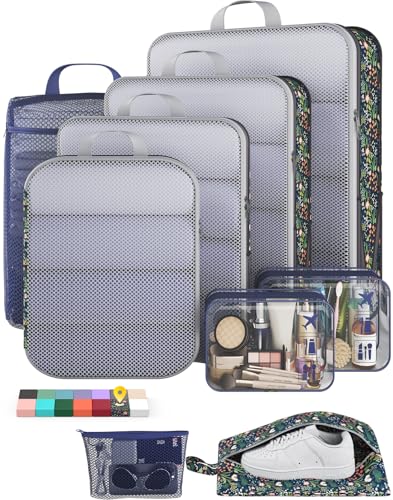 Veken 9/11 Set Compression Packing Cubes for Travel Essentials,Compressible Expandable Luggage Suitcase Organizer Bags for Clothing,Space Saver Bags with Over 1000 pcs of Mesh Holes(Dark Blue Floral) - color: Dark Blue Floral, size: 9 set