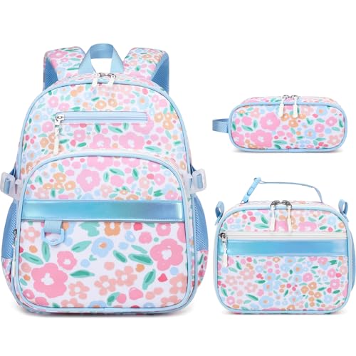 Toddler Backpack for Girls Ages 5-8, 3PCS Girls Backpack with Lunch Bag & Pencil Case - 15inch Kids School Bookbag for Preschool Kindergarten Elementary School (Flowers) - color: Flowers