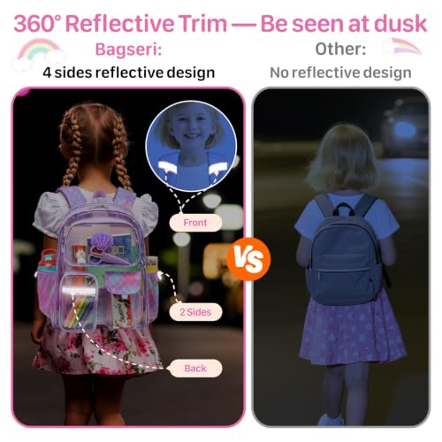 Bagseri Clear Backpack for Girls, 15 Inch Heavy Duty Kids Transparent Bookbag for School Kindergarten to 2nd Grade, Fits 12.5 Inch Folders, High Visibility Reflective Strips, Purple Mermaid - color: 1pcs, A-purple Mermaid, style: Backpack
