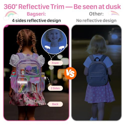 Bagseri Clear Backpack for Girls, 15 Inch Heavy Duty Kids Transparent Bookbag for School Kindergarten to 2nd Grade, Fits 12.5 Inch Folders, High Visibility Reflective Strips, Purple Mermaid - color: 1pcs, A-purple Mermaid, style: Backpack
