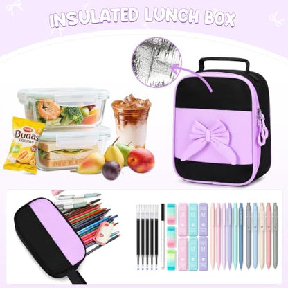 Kids Backpack for Girls, 3PCS School Backpack Set with Insulated Lunch Box & Pencil Case, Waterproof Lightweight Bookbag for Elementary & Middle School, Cute Bow Travel Daypack Black-Purple - color: Black-purple