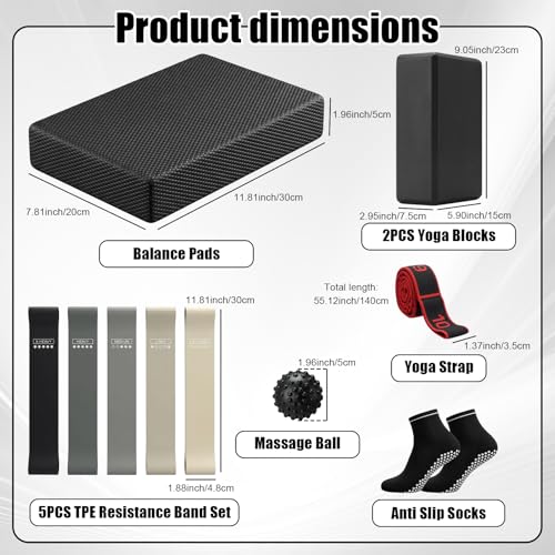 Thenshop 11 Pcs Exercise Balance Pad and Yoga Kits for Home Workouts with Resistance Bands, Yoga Blocks, Stretch Strap, Massage Ball, Pilates Socks Fitness and Stability Training Physical Therapy
