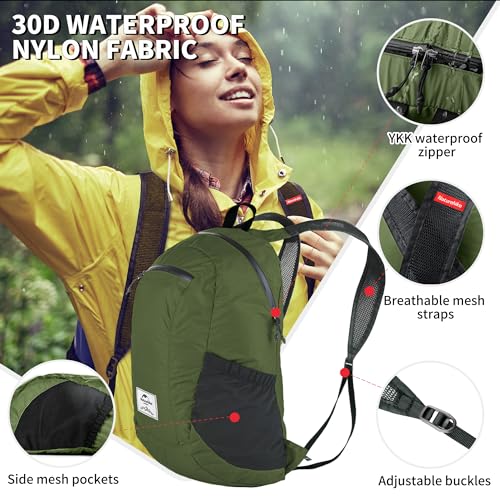 Naturehike 18L Lightweight Hiking Daypack, Waterproof Camping Packable Backpack Ultralight for Travel, Airplane, Adults - color: Green