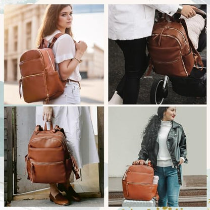 MOMINSIDE Diaper Bag Backpack with 6 Insulated Pockets, Leather Diaper Bag, Large Baby Bag for Mom, Baby Registry, 18 Pockets, Changing Pad, Stroller Straps (Brown) - color: Brown