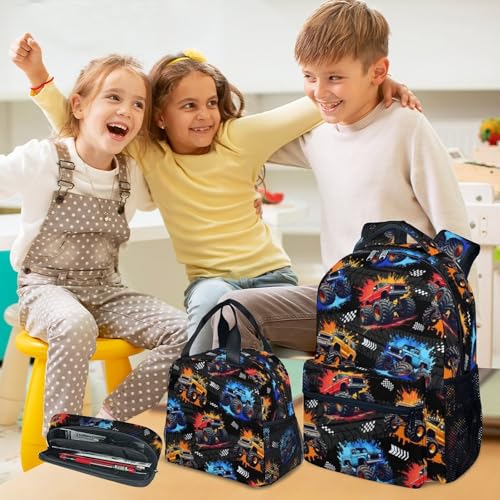 Toddler Backpack Set - 3Pcs Truck Backpacks for Boys - Kids Bookbag with Lunch Box & Pencil Case - Durable School Bag for Kindergarten/Preschool/Elementary (17 Inch) - color: Multicolor