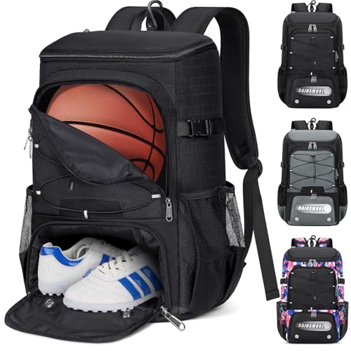 RAINSMORE Basketball Backpack 45L Basketball Bag with Separate Ball Holder & Shoes Compartment Water Resistant Sports Bag Basketball Equipment Bags Fit Volleyball, Soccer, Swim, Gym, Travel - color: Black