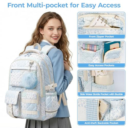 Quilted Backpack for Teen Girls,Cute Blue Patchwork School Backpack with Multi-Pocket Design,Lightweight Cotton Bookbag Fits 15.6" Laptop,Large Capacity Aesthetic Backpack with Plush Charm - color: Blue Green Patchwork