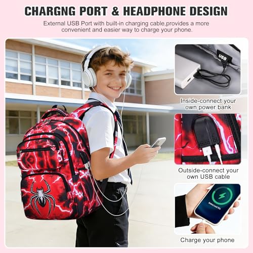 Bevalsa Backpack for Boys, Lightning School Bags with Lunch Bag & Pen Case for Kids, Bookbag for Boys Teens Elementary Middle High School - color: Red Spider