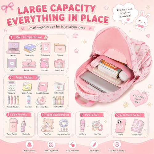 BTOOP Multi-Compartment Kids Backpack for Girls, 3PCS Cute Pink Bow School Backpack with Lunch Bag Pencil Case, Side Pocket Fits 40 oz Tumbler, Girls Bookbag for Elementary Middle School - color: Pink