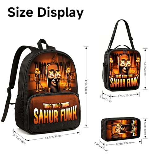 Zhazieon Adjustable Rucksack Lunch Bag Pencil Case Tung Tung Tung Sahur Backpacks 3pcs Set(Black-A3) - color: Black-a3