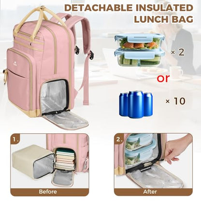 MATEIN Lunch Backpack for Women, Teacher Backpack with Lunch Compartment Detachable, Fit 15.6 Inch Laptop, College Computer Backpacks Meal Prep Work Bag Gift for Nurse Commute Office, Pink - color: Pink