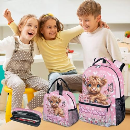 Mercuryelf Personalized Backpack for Girls Highland Cow 3PCS Kids Backpack Set with Lunch Bag & Pencil Case, 17 Inch School Bookbag for Elementary Kindergarten - color: Red