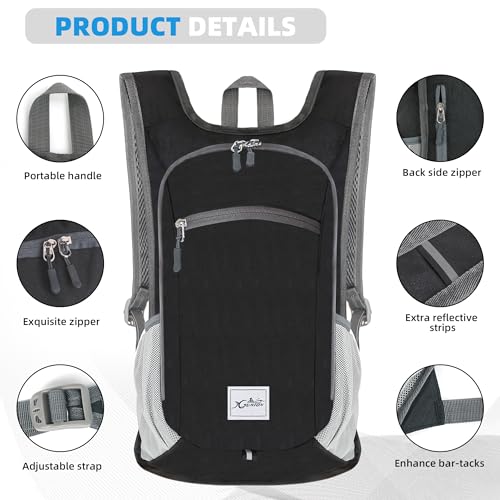 Xgunion Hiking Backpack 10L Small Travel Lightweight Daypack Foldable Hiking Packable Camping Hiking Backpacks for Women Men (Black) - color: Black