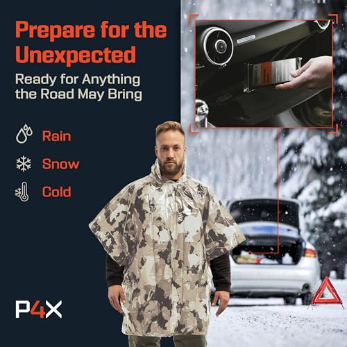 PREPARED4X Emergency Mylar Poncho – Survival Rain Poncho with Hood – Lightweight, Compact, Reusable Emergency Blanket Poncho for Hiking, Camping, Thermal Gear, Car Kit, Outdoors - color: Snow Camo 4-pack