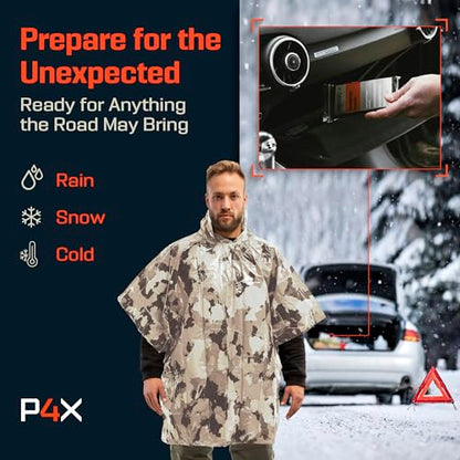 PREPARED4X Emergency Mylar Poncho – Survival Rain Poncho with Hood – Lightweight, Compact, Reusable Emergency Blanket Poncho for Hiking, Camping, Thermal Gear, Car Kit, Outdoors - color: Snow Camo 4-pack