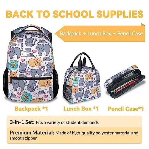 Cat Backpack with Lunch Box and Pencil Case, 16 Inch Cat Theme Bookbag with Adjustable Straps, Durable, Lightweight, Large Capacity, School Backpack for Girls Women - color: Color-1-2