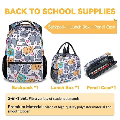 Cat Backpack with Lunch Box and Pencil Case, 16 Inch Cat Theme Bookbag with Adjustable Straps, Durable, Lightweight, Large Capacity, School Backpack for Girls Women - color: Color-1-2