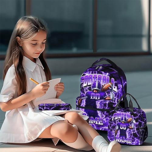 UNIKITTY Boys Football Backpack Set, Personalized School Backpack with Lunch Box & Pencil Case; 17 Inch Large Capacity Football Bookbag, Water Resistant for Kids Teens Elementary & Middle School - color: Purple