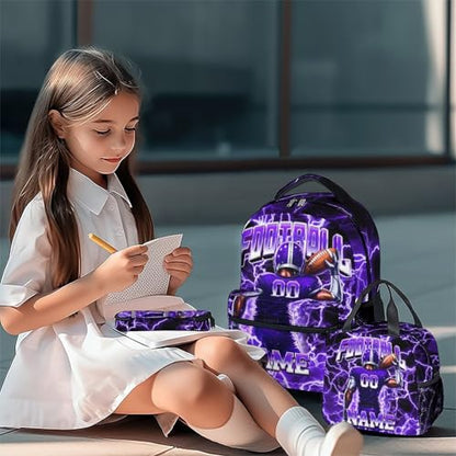 UNIKITTY Boys Football Backpack Set, Personalized School Backpack with Lunch Box & Pencil Case; 17 Inch Large Capacity Football Bookbag, Water Resistant for Kids Teens Elementary & Middle School - color: Purple