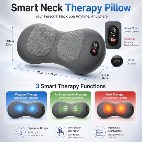 3-in-1 Electric Back Massager Pillow with Heat, Vibration & Traction, Ergonomic Lumbar Support Cushion with Memory Foam for Lower Back Comfort, Bed, Office Chair, Sofa & Car (Ash Gray)