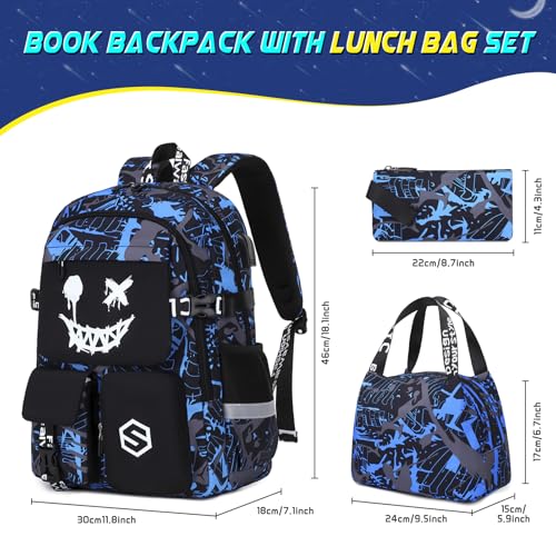 Scothen Boys Backpack, Cool Luminous School Backpacks for Boys with Lunch Bag Pencil Case, Kids Backpack Kindergarten Elementary Middle School Book Bags for Teen Boy Children with USB Charging Port - color: Blue Face