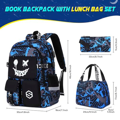 Scothen Boys Backpack, Cool Luminous School Backpacks for Boys with Lunch Bag Pencil Case, Kids Backpack Kindergarten Elementary Middle School Book Bags for Teen Boy Children with USB Charging Port - color: Blue Face