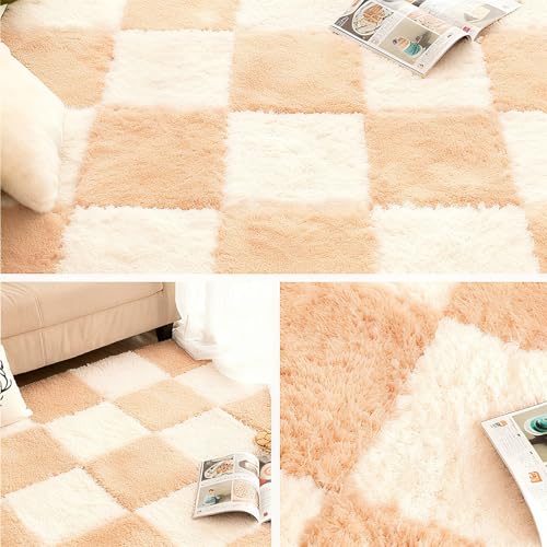 Thickened Plush Foam Interlocking Floor Carpet Mat, 24 Piece 12x12in Fluffy Square Puzzle Foam Carpet Tiles with Edgings, Soft Anti-Slip Shaggy Area Rug Playmat (Apricot+White) - color: Apricot+white