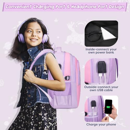 ACESAK Backpack for Girls - Girls Backpack Schoolbag for Kids Children Teens Elementary Middle School Bags, Waterproof Lightweight Kids Bookbag Backpacks Casual Daypack with Lunch Bag Set(Purple Pink) - color: Purple Pink