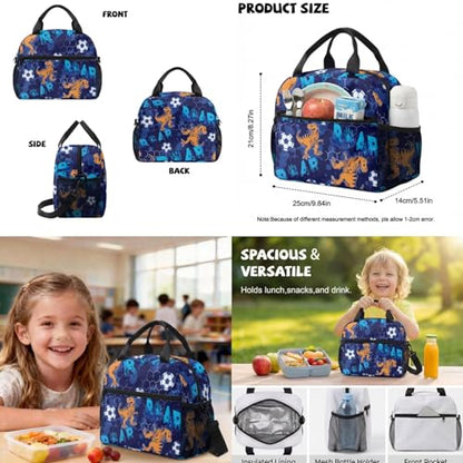 Talayituse Dinosaur Soccer Paw Print Backpack for Boys Elementary Middle High Schoolbag Bookbag with Lunch Box Pencil Case Water Bottle Sleeve 6 In 1 Rucksack for Back to School Supplies - color: Dinosaur Soccer Paw