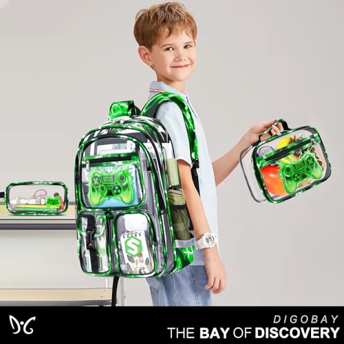 DIGOBAY 3PCS Cool Luminous Clear Backpack for Boys Kids, Gamer Clear Bookbag for School, See Through PVC Transparent Backpacks with Lunch Bag Pencil Case, Backpack Heavy Duty for School Stadium - color: Green Lightning