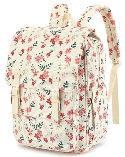 Corduroy Laptop Backpack for Women, Fits 15.6 Inch Computer Bag, College High School Bookbag Travel Daypack Purse, Work Business Bags - Beige Corduroy Flowers Pink - color: Corduroy Flowers Pink 2