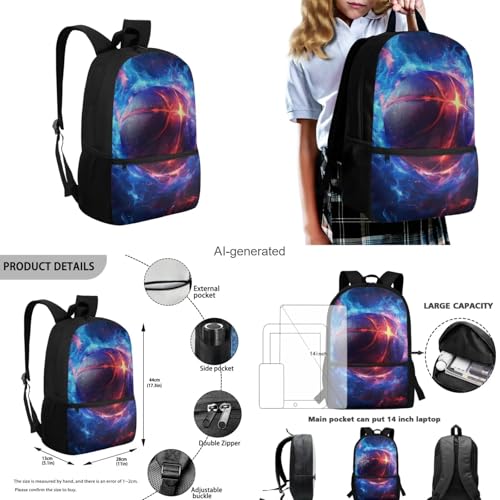 Fire Basketball Backpack for School Boys Backpack with Lunch Box Water Bottle Carrier with Strap and Soft Pencil Case 4PCS Set Bookbag with Front Pocket 17 inch Sturdy School Bag for Kids - color: Fire Basketball-1