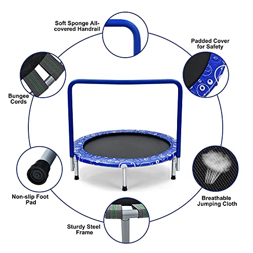 Giantex 36-Inch Mini Trampoline for Kids, ASTM Approved Foldable Rebounder Trampoline with Foamed Handle, Max Loaded 330 lbs, Indoor Safety Padded Fitness Trampoline - color: Blue