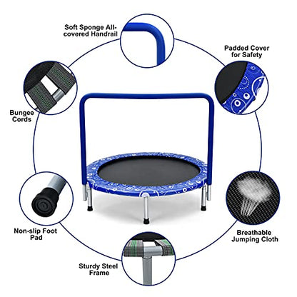 Giantex 36-Inch Mini Trampoline for Kids, ASTM Approved Foldable Rebounder Trampoline with Foamed Handle, Max Loaded 330 lbs, Indoor Safety Padded Fitness Trampoline - color: Blue