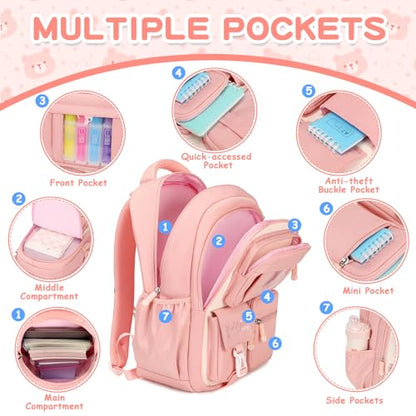 PIG PIG GIRL Kids Backpack for Girls School Bags for Middle School Students Book Bag for Elementary Primary Kawaii Ita Backpack, Pink and Beige - color: Pink and Beige