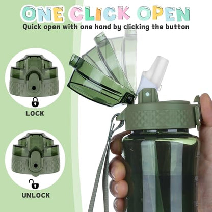 OLDLEY 12oz Kids Water Bottle, Tritan BPA-Free, Leakproof Flip Straw Lid, Motivational Time Marker, Carry Strap, Reusable Clear Water Bottle for Boys & Girls,Jade - color: Jade, style: 12 Ounces
