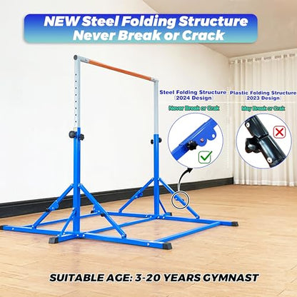 Marfula Gymnastic Bar For Kid and Teenage of 3-25, 5Ft/8 FT Base Length 4Ft Width 5Ft Adjust Height, Gymnastic Kip Bar For Gymnast, Gymnastic Training Equipment For Professional Training Home Club Use - color: Bar With Mat-Blue (5 Ft Base)