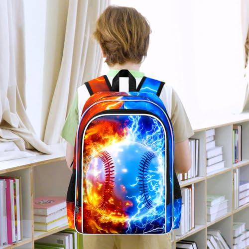 AGSDON 3PCS Baseball Backpack for Boys, 17" Kids Bookbag with Lunch Box for Boy, Flame Thunder Backpacks Water Resistant and Lightweight for Teen - color: Baseball
