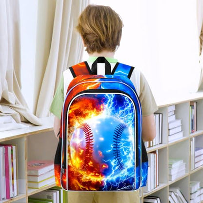 AGSDON 3PCS Baseball Backpack for Boys, 17" Kids Bookbag with Lunch Box for Boy, Flame Thunder Backpacks Water Resistant and Lightweight for Teen - color: Baseball