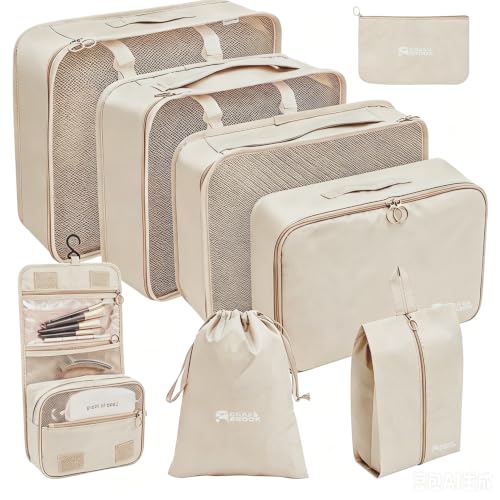 8 Set Packing Cubes for Travel Essentials With Hanging Toiletry Bag for Women, Lightweight Suitcase Organizer Bags with Mackup bag, Carry-On Luggage Accessories (Beige) - color: Beige