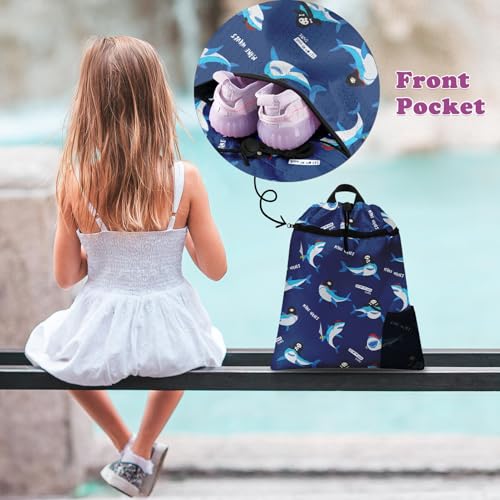 Blue Shark Drawstring Backpack, 15” x 17” Waterproof Swim Bag for Beach Swimming Pool, Lightweight Foldable Gym Bag with Water Bottle Holder for Sports Travel - color: Blue Sharks