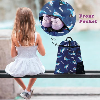 Blue Shark Drawstring Backpack, 15” x 17” Waterproof Swim Bag for Beach Swimming Pool, Lightweight Foldable Gym Bag with Water Bottle Holder for Sports Travel - color: Blue Sharks