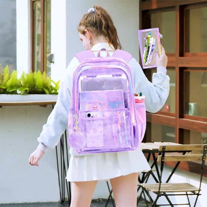 gxtvo 3PCS See Through Backpack Heavy-Duty Set for Women & Teen Girls, 17" Purple Clear Bookbag with Rainbow Strap, Cute Differentiation Love Transparent School Bag - color: Purple Love Clear Backpack Set