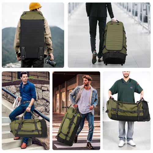 85L 29“ Foldable Rolling Backpack with Wheels, Soft-side Travel Duffle Bag with Separate Shoe Compartment, Full Quilted Bottom,Army Green - color: Army Green